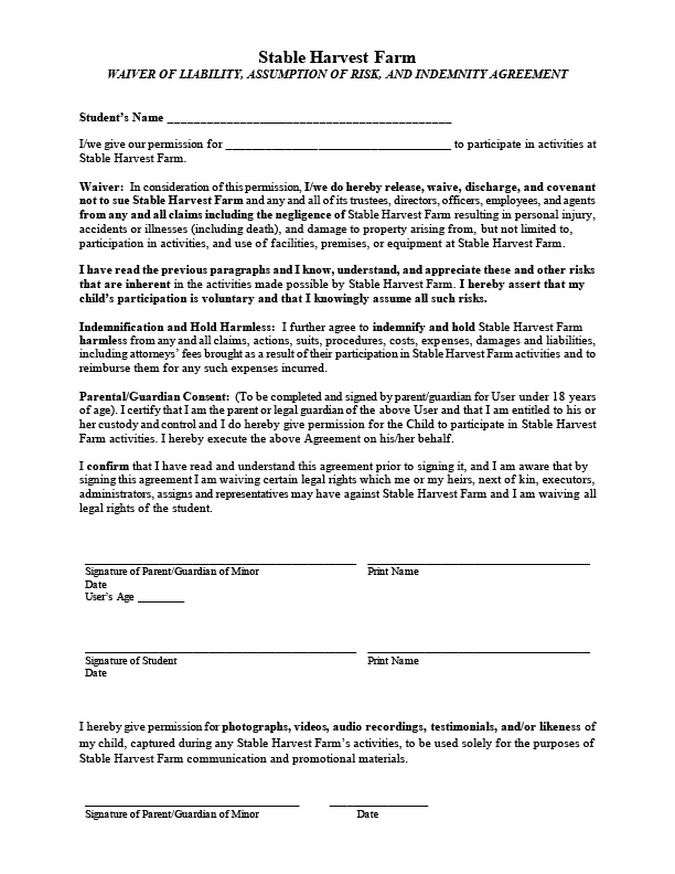 liability form for children and youth participant